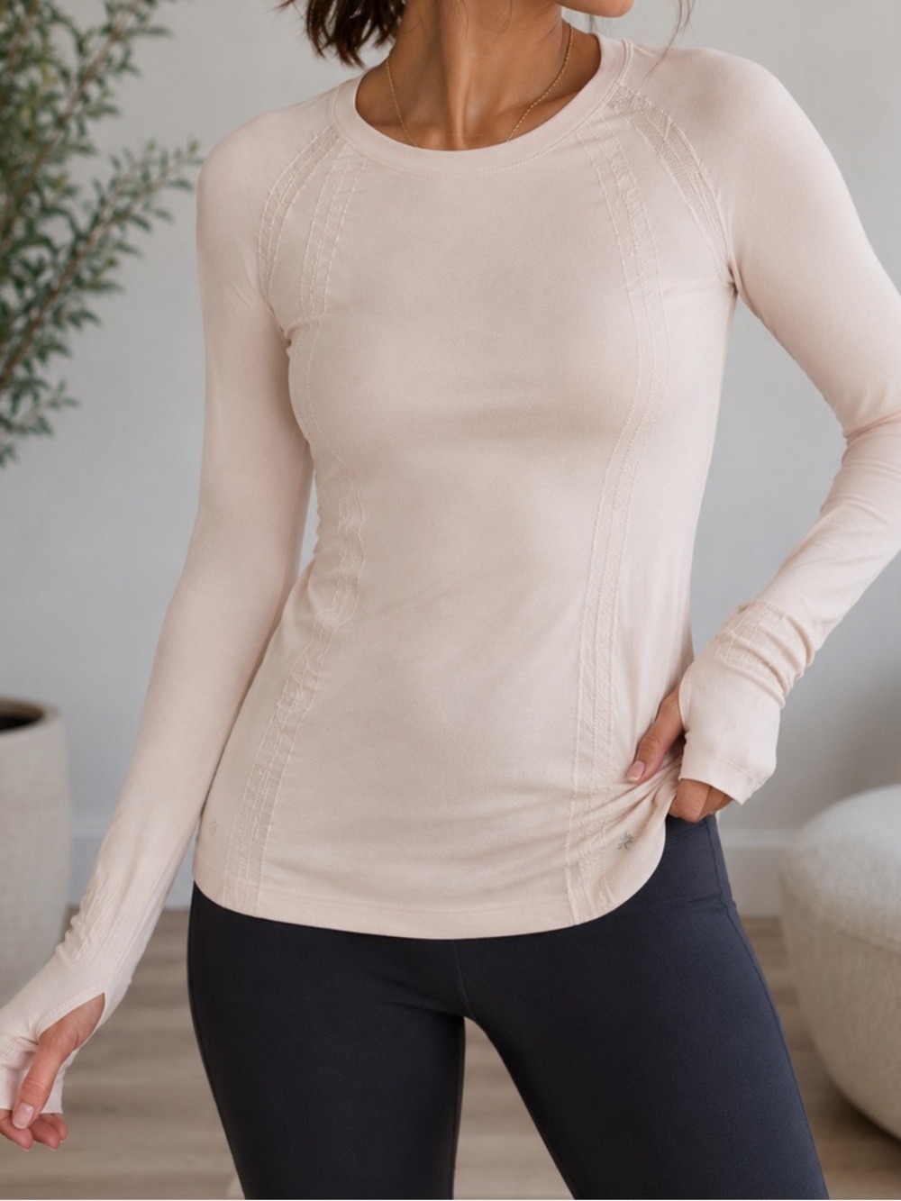 Athleta Pink Long Sleeve Athletic Top Ruched Thumbhole Activewear Small